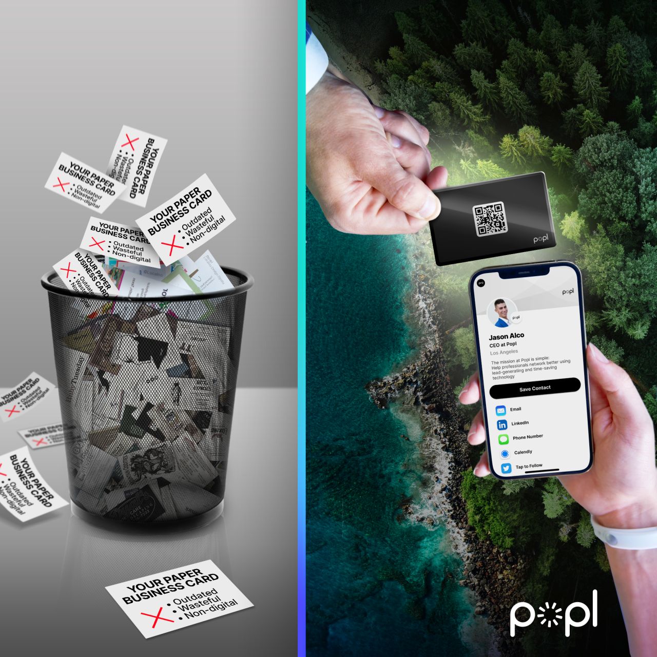 an image showing traditional business cards and modern digital business card with QR code