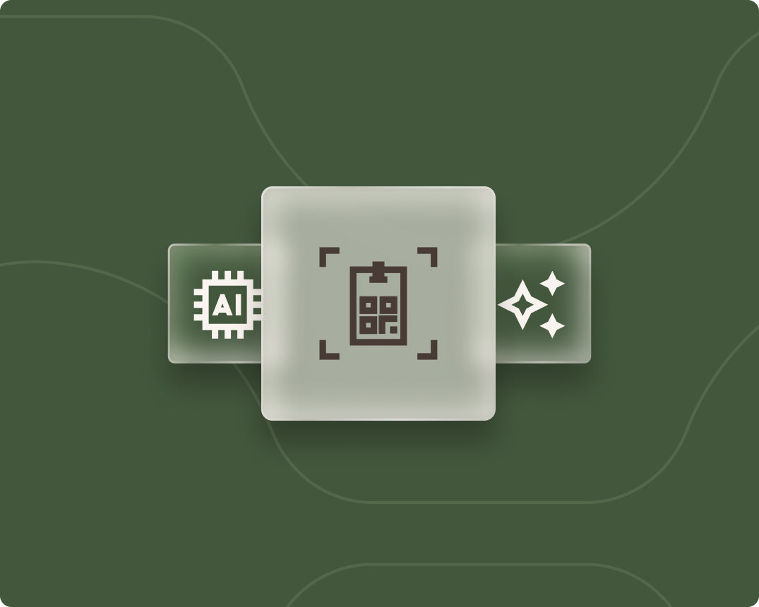 Abstract graphic of a smartphone scanning a conference badge, a AI robot icon, and enriched contact data