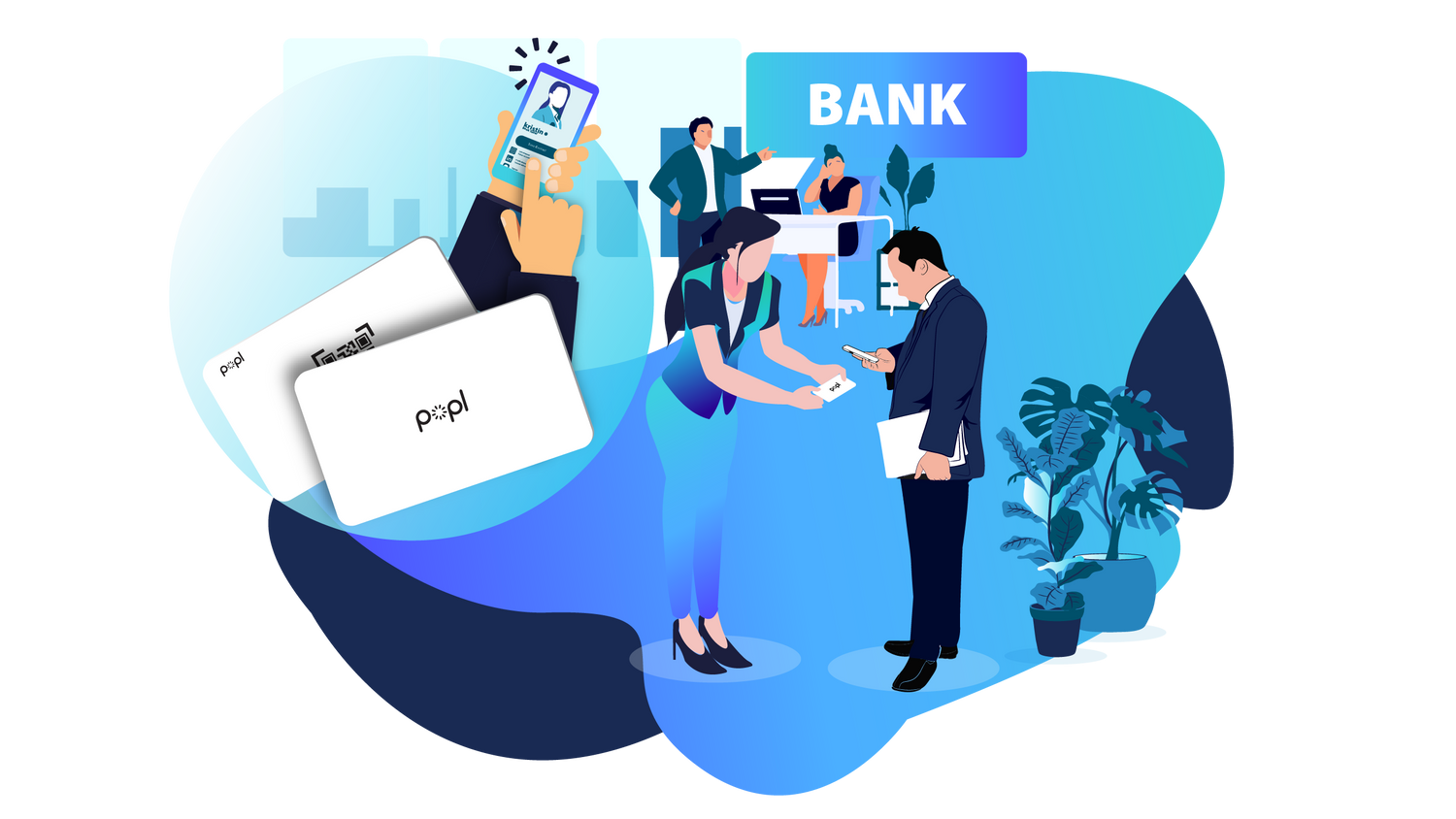 People using digital business cards in the bank