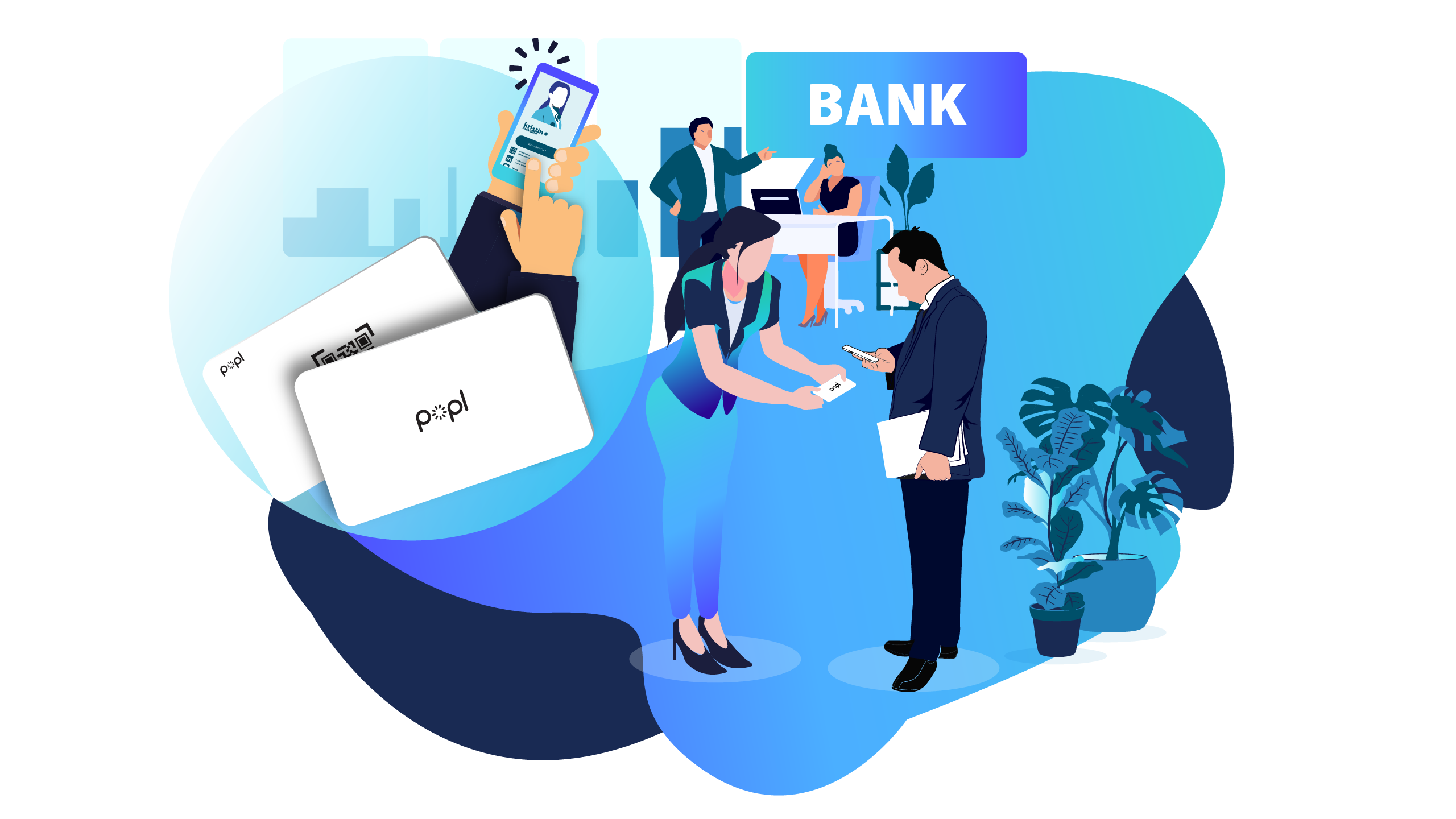 People using digital business cards in the bank