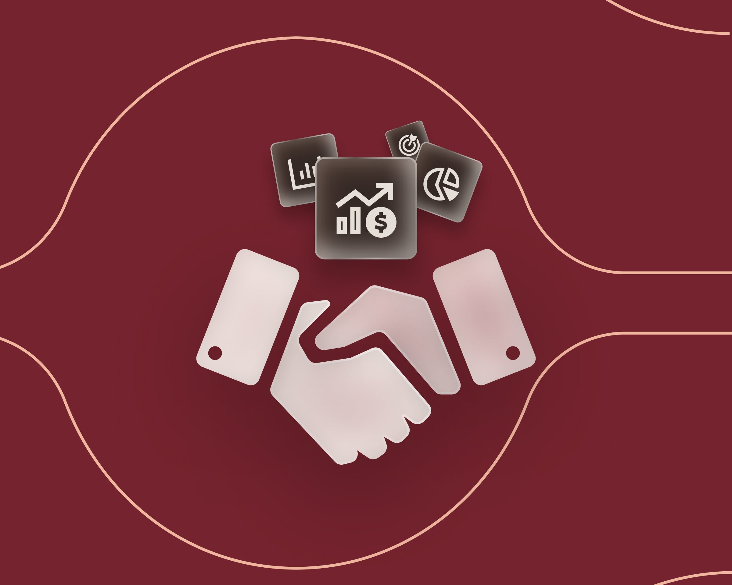 Abstract graphic of a handshake with an analytics dashboard and dollar signs in the background