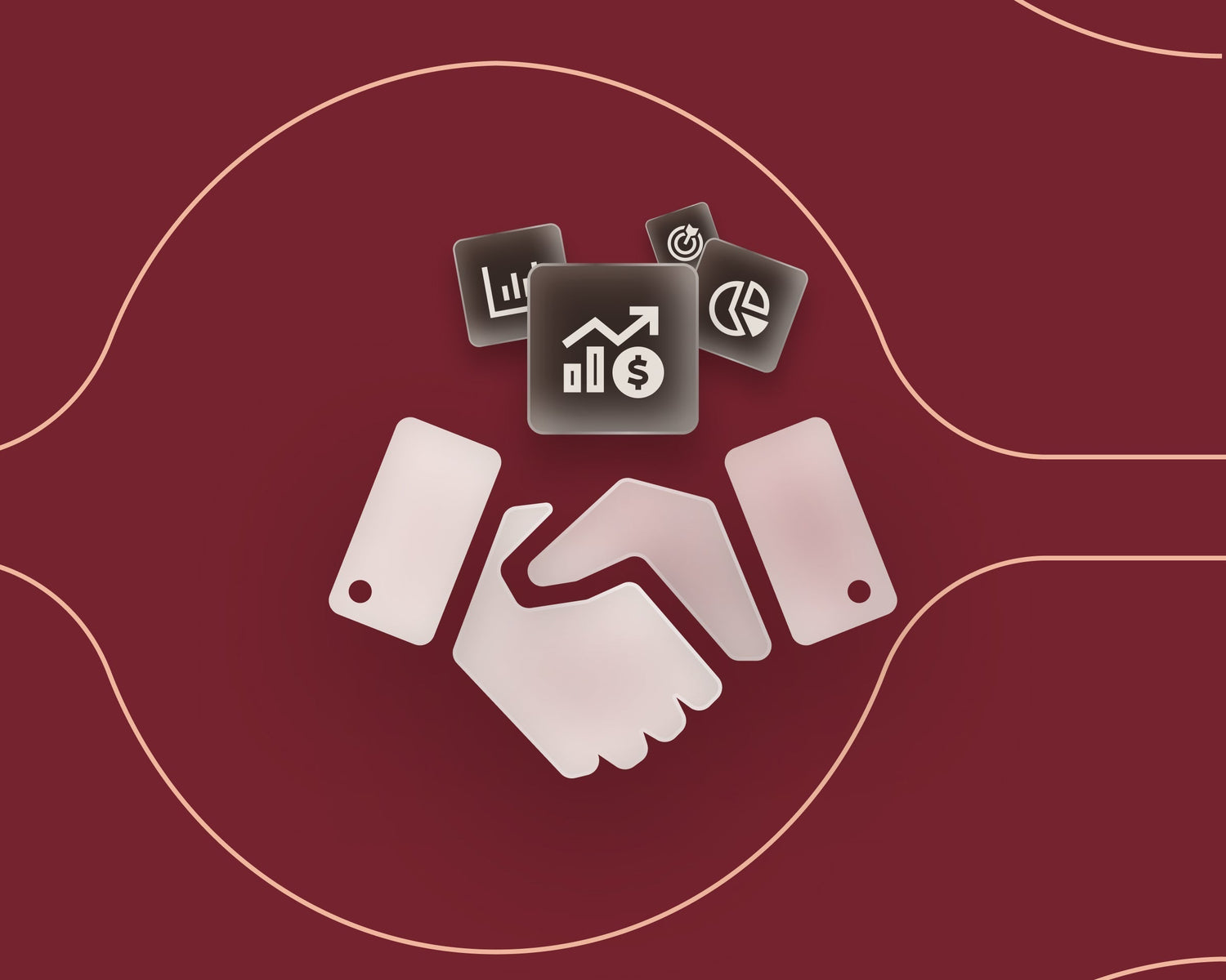 Abstract graphic of a handshake with an analytics dashboard and dollar signs in the background