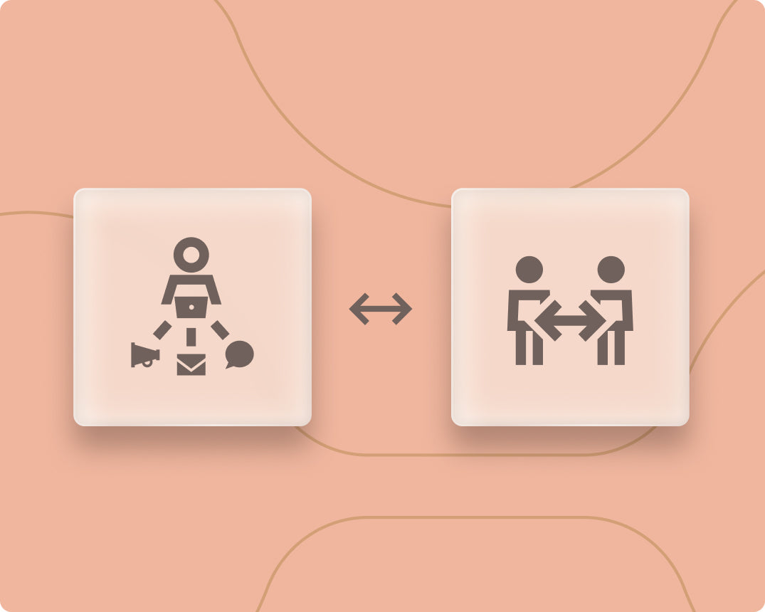 Digital lead generation: Icons for search, email, social, ads on one side. In-person lead generation: icons for booth, badge, and handshake on the other
