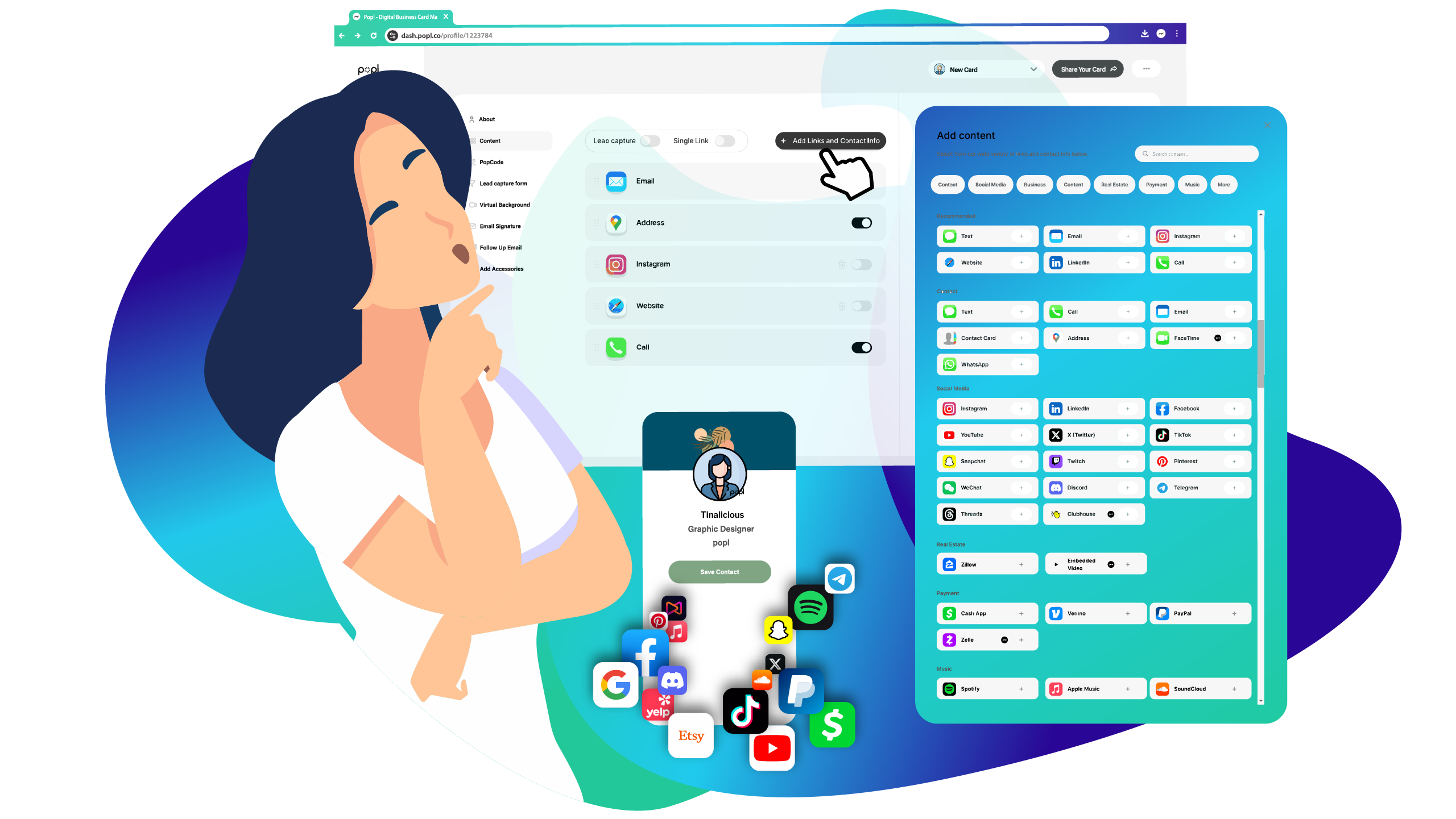 woman thinking about how to place various digital icons