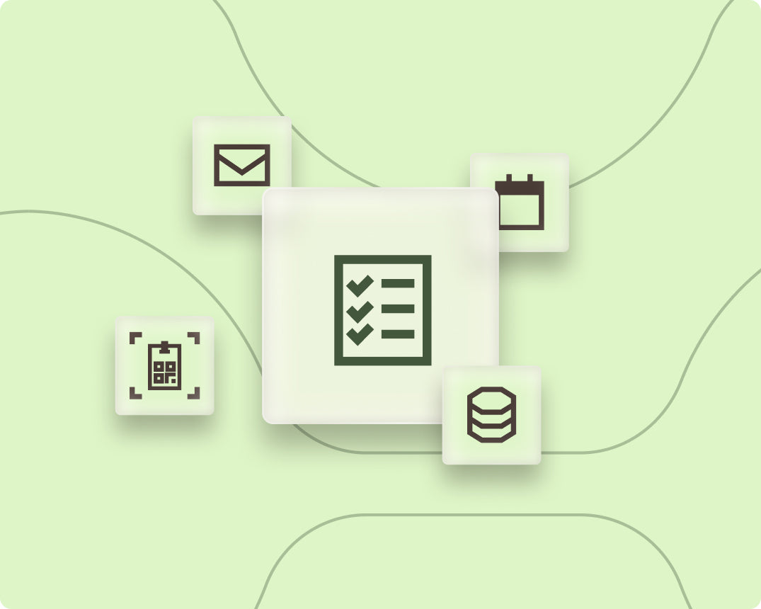Abstract graphic of a checklist with database, sync, badge-scanner, calendar, and mail icons
