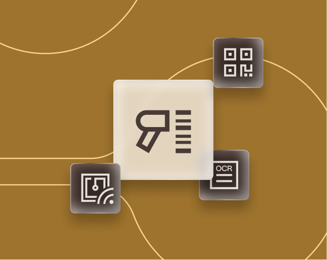 Abstract graphic featuring OCR, QR code, and NFC icons around a badge scanner