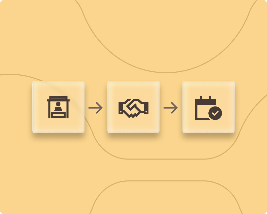 Abstract graphic of a handshake at a booth flowing into a calendar with a checkmark