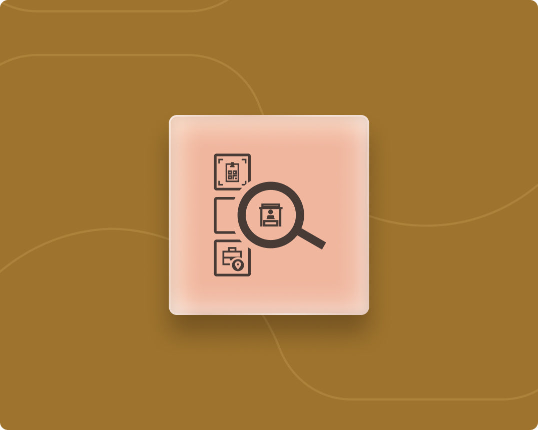 Graphic of a magnifying glass and badge and briefcase icons