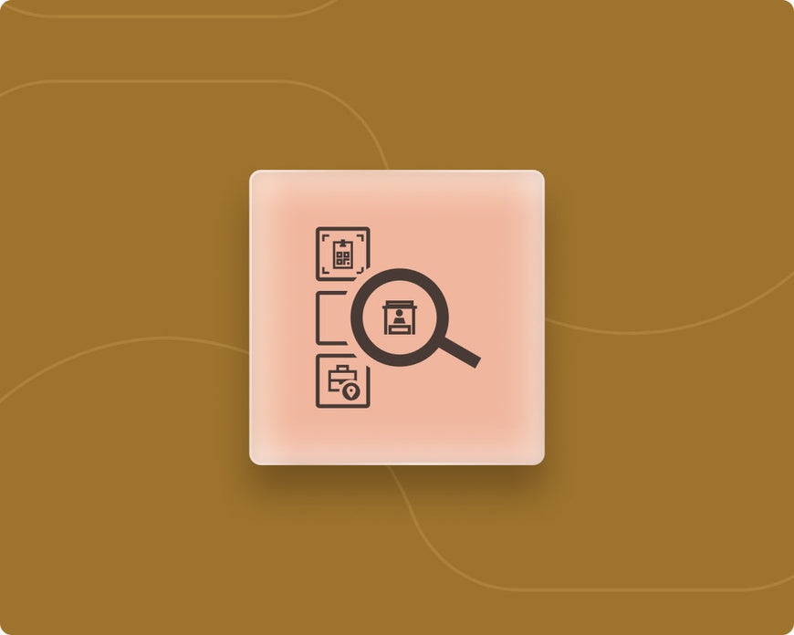 Graphic of a magnifying glass and badge and briefcase icons