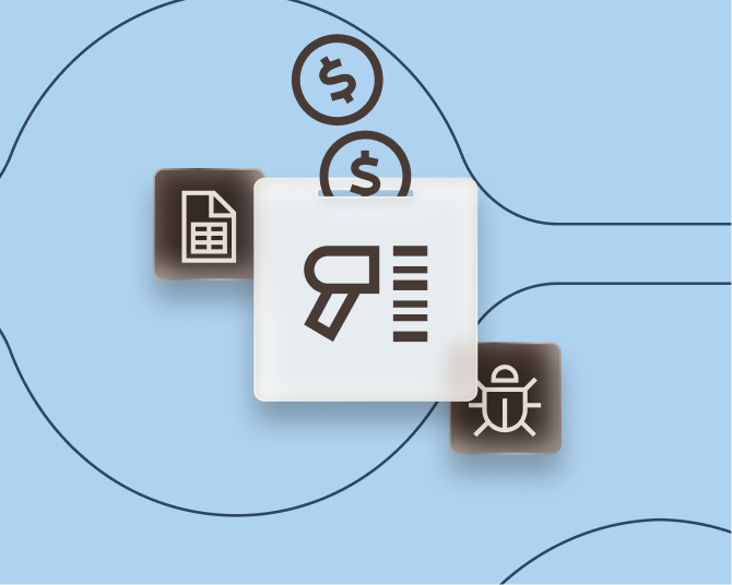 Abstract graphic of a badge scanner with dollar sign, spreadsheet, software bug, and data icons around it