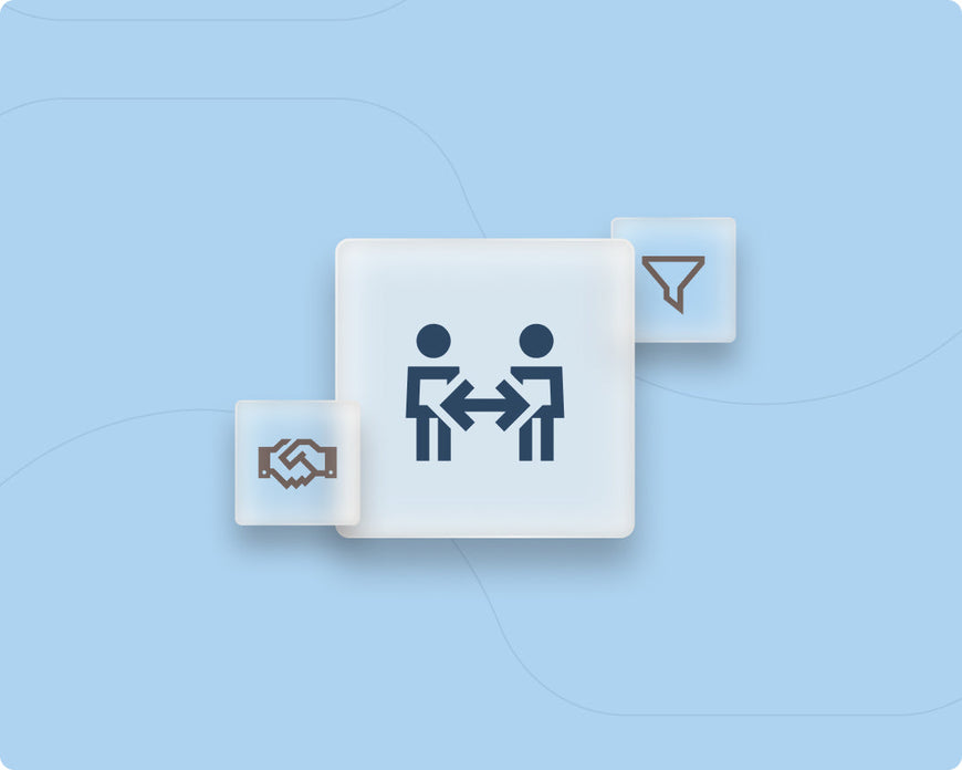 Graphic with handshake, people connecting, and funnel icons