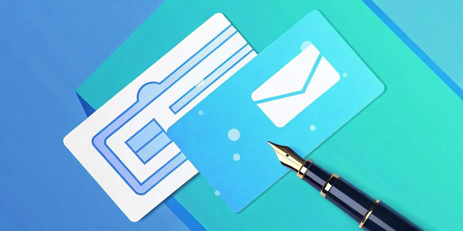 Custom business cards with pen on blue background.