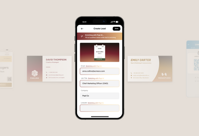 Smartphone displaying a badge being scanned in the Popl app and the lead info being enriched 