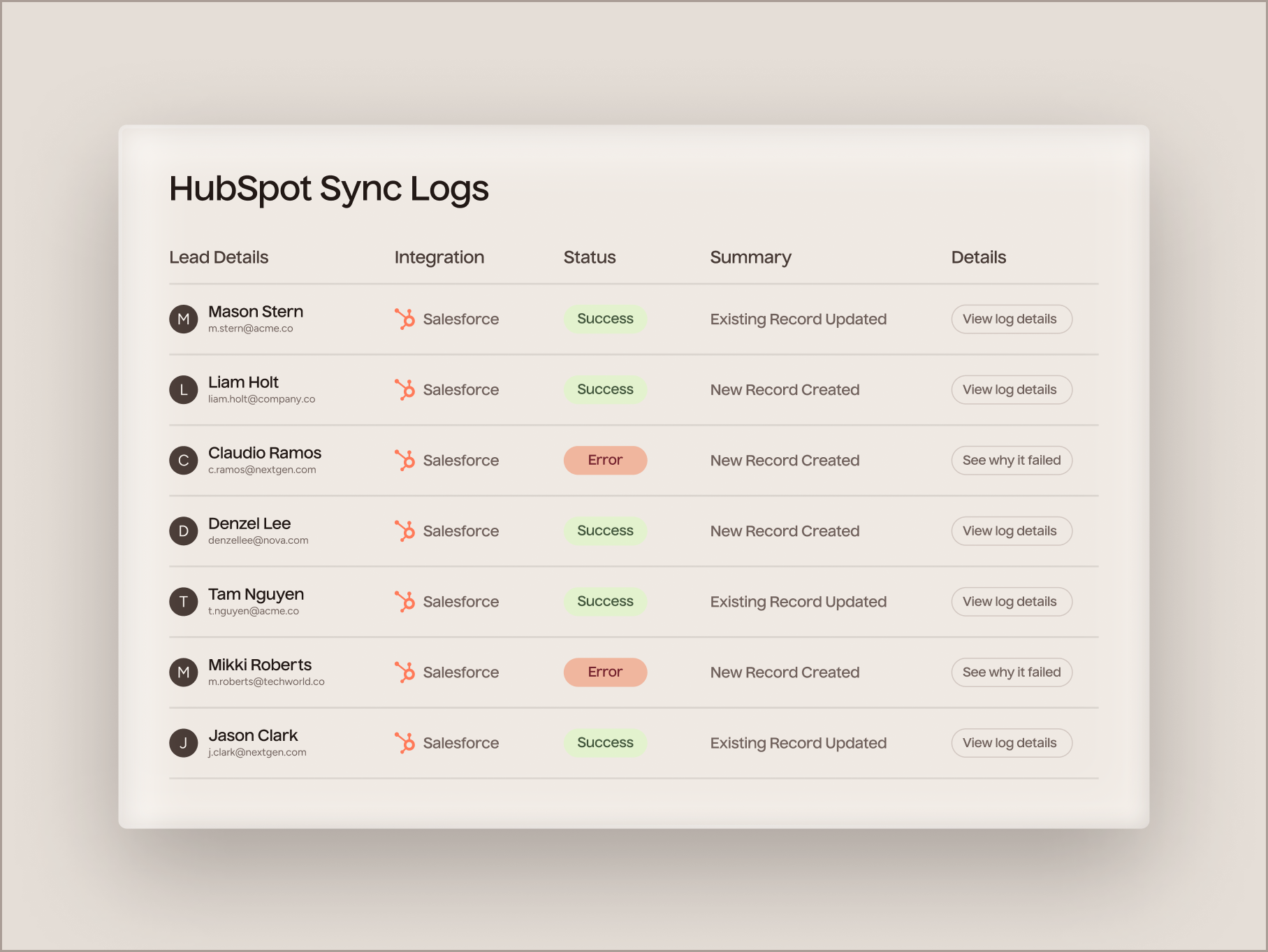 HubSpot Sync Logs with integration status on a light gray background