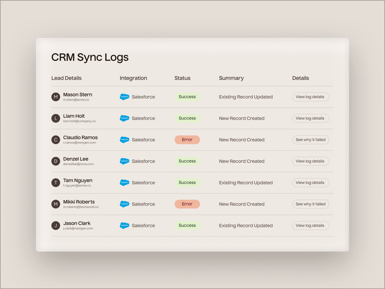 CRM Sync Logs with details of lead actions and statuses on a light gray background