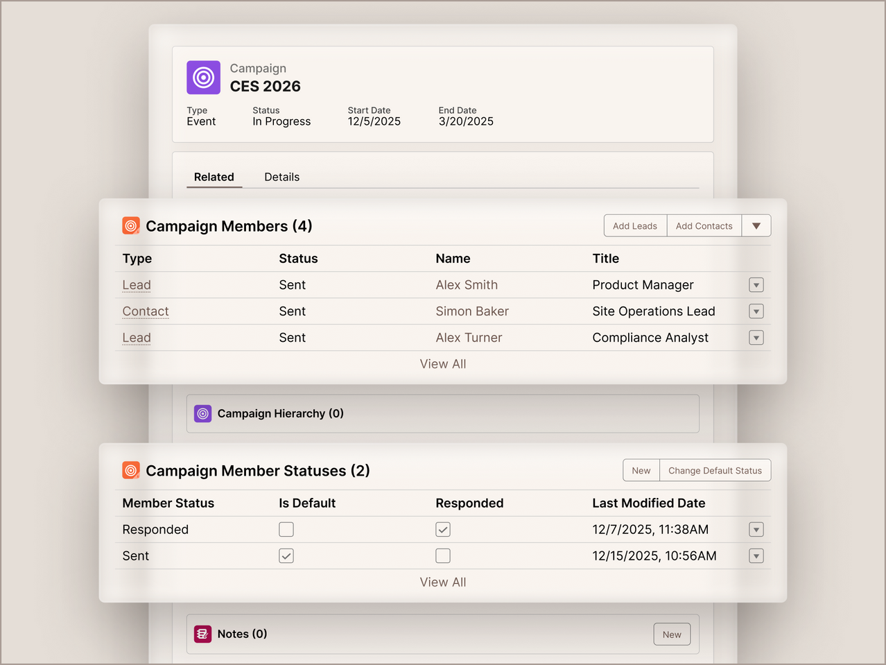 Screen capture of a campaign management interface with details on campaign members and statuses.
