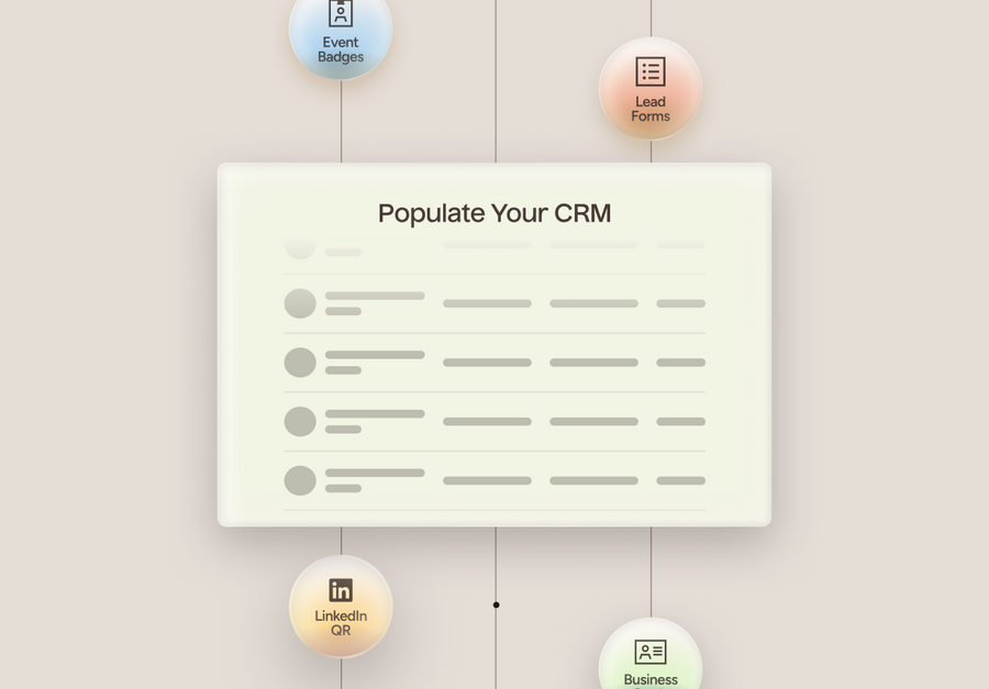 CRM form with icons labeled 'Event Badges', 'Lead Forms', 'LinkedIn', and 'Business' on a light background.