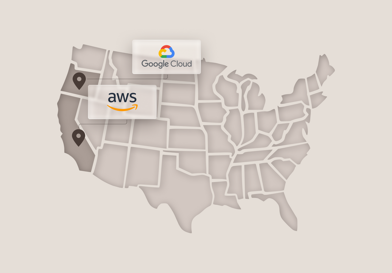 A stylized map of the United States on a light beige background, with two labeled callouts: a Google Cloud label near the top and an aws label over a California region. The map and labels are rendered in soft gray tones.