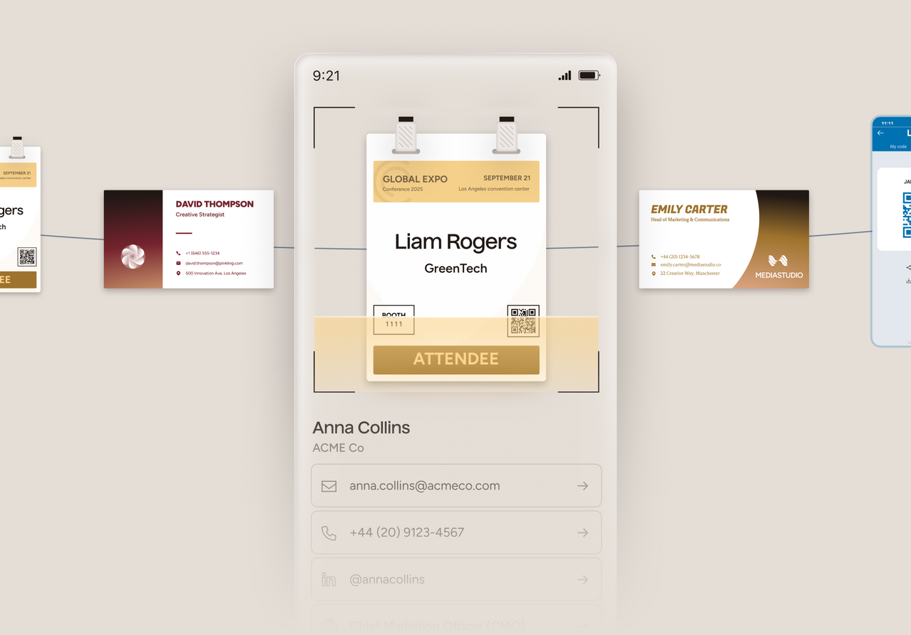 Digital display of business cards with a focus on a card being scanned and enriched for Liam Rogers from GreenTech.