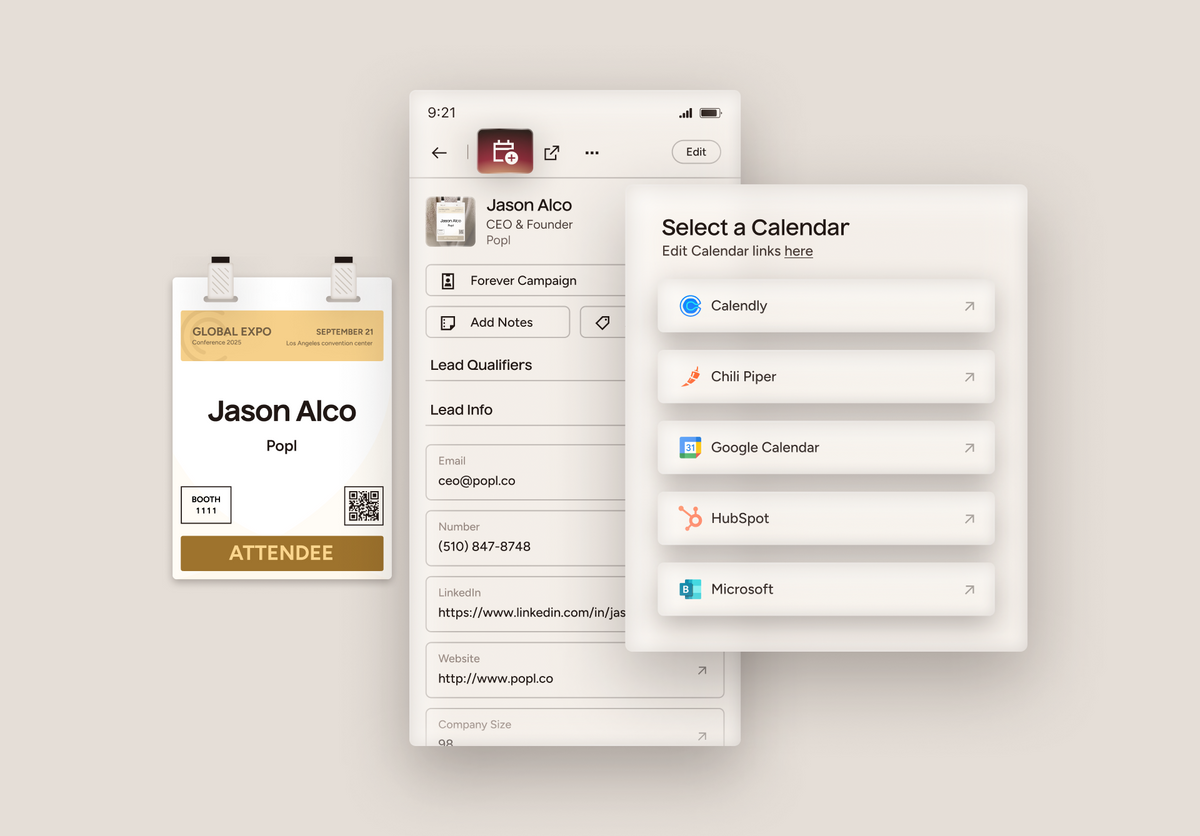 A digital mockup showing a mobile app interface and a matching card design on a light beige background. The card reads 'GLOBAL EXPO' and 'Jason Alco Pop!1' with a QR code and an 'ATTENDEE' badge section.