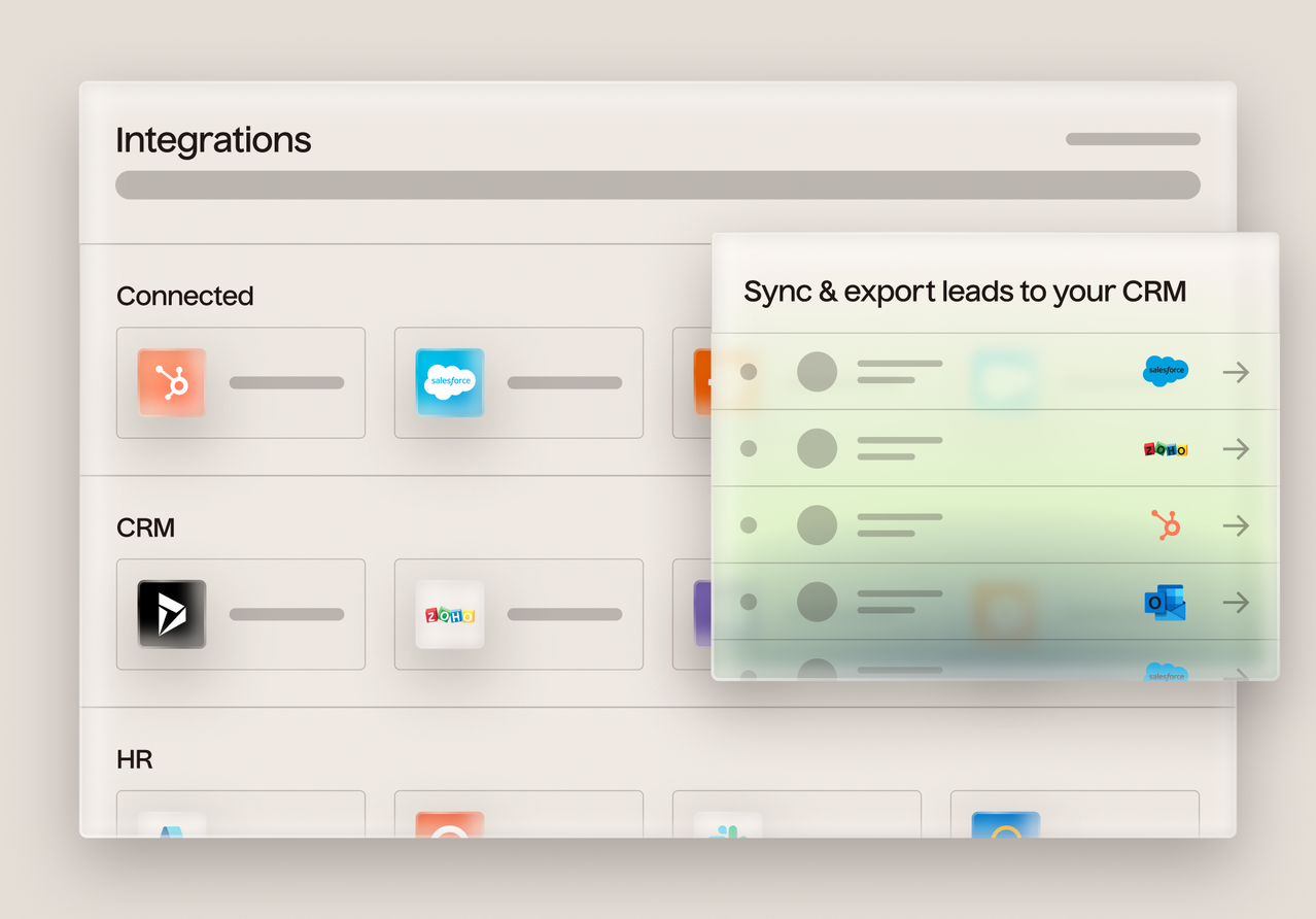 Integration interface with CRM and HR options on a light gray background