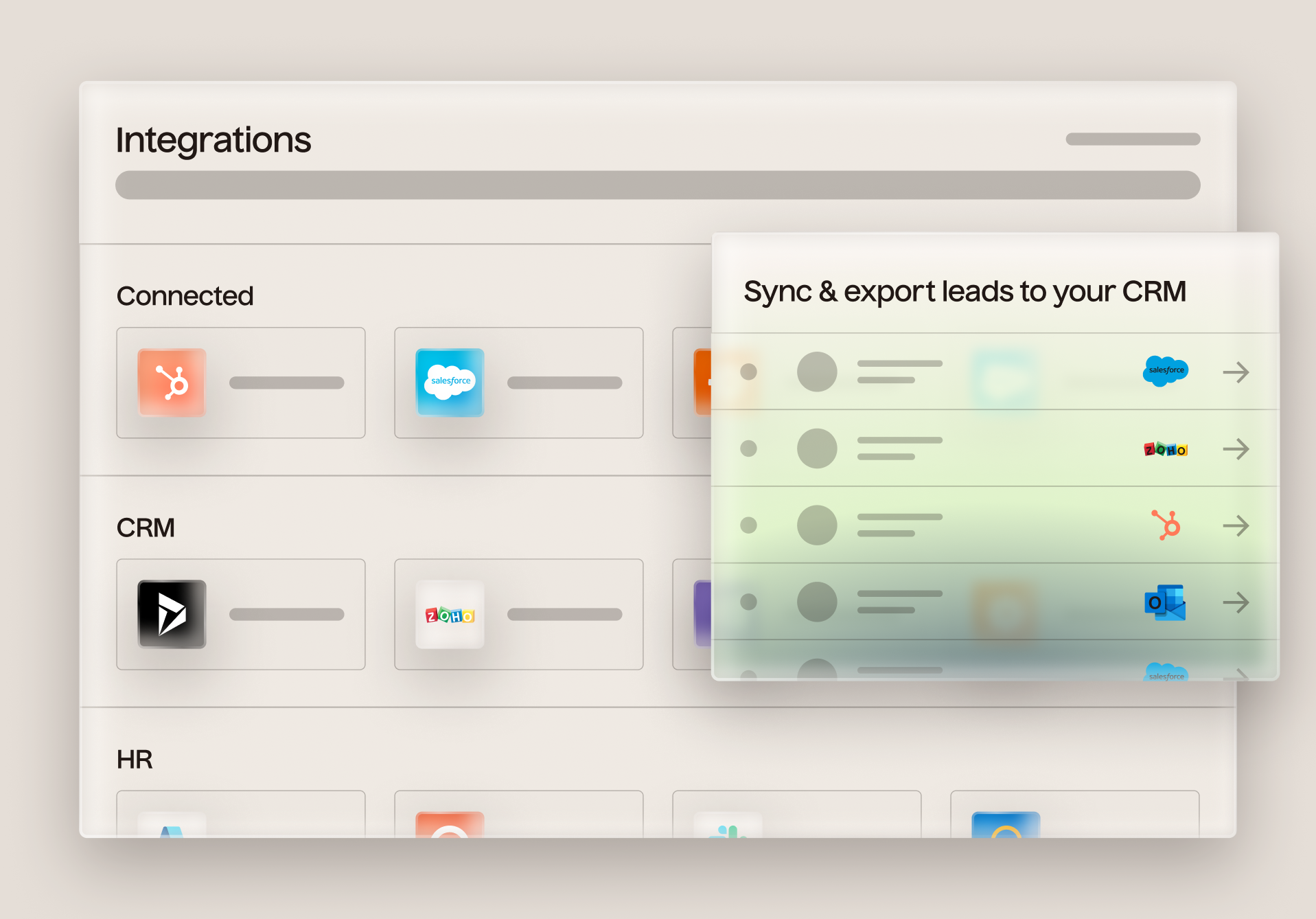 Integration interface with CRM and HR options on a light gray background
