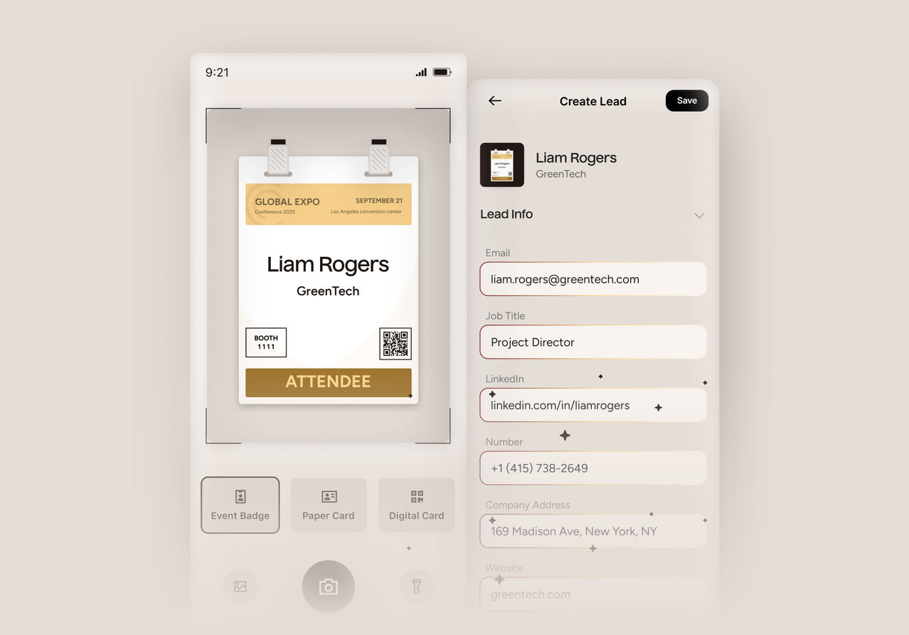 A digital mockup showing a smartphone screen with a printed attendee badge design and a lead creation interface next to it, on a light warm gray background.