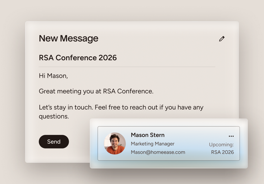 Email interface with a message from Mason Stern about the RSA Conference 2026 demonstrating automated follow up emails