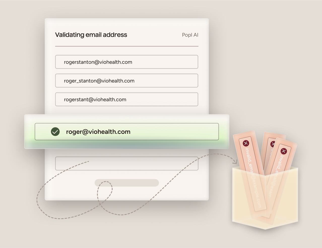 Email validation process with a pocket containing three small packets on a light background