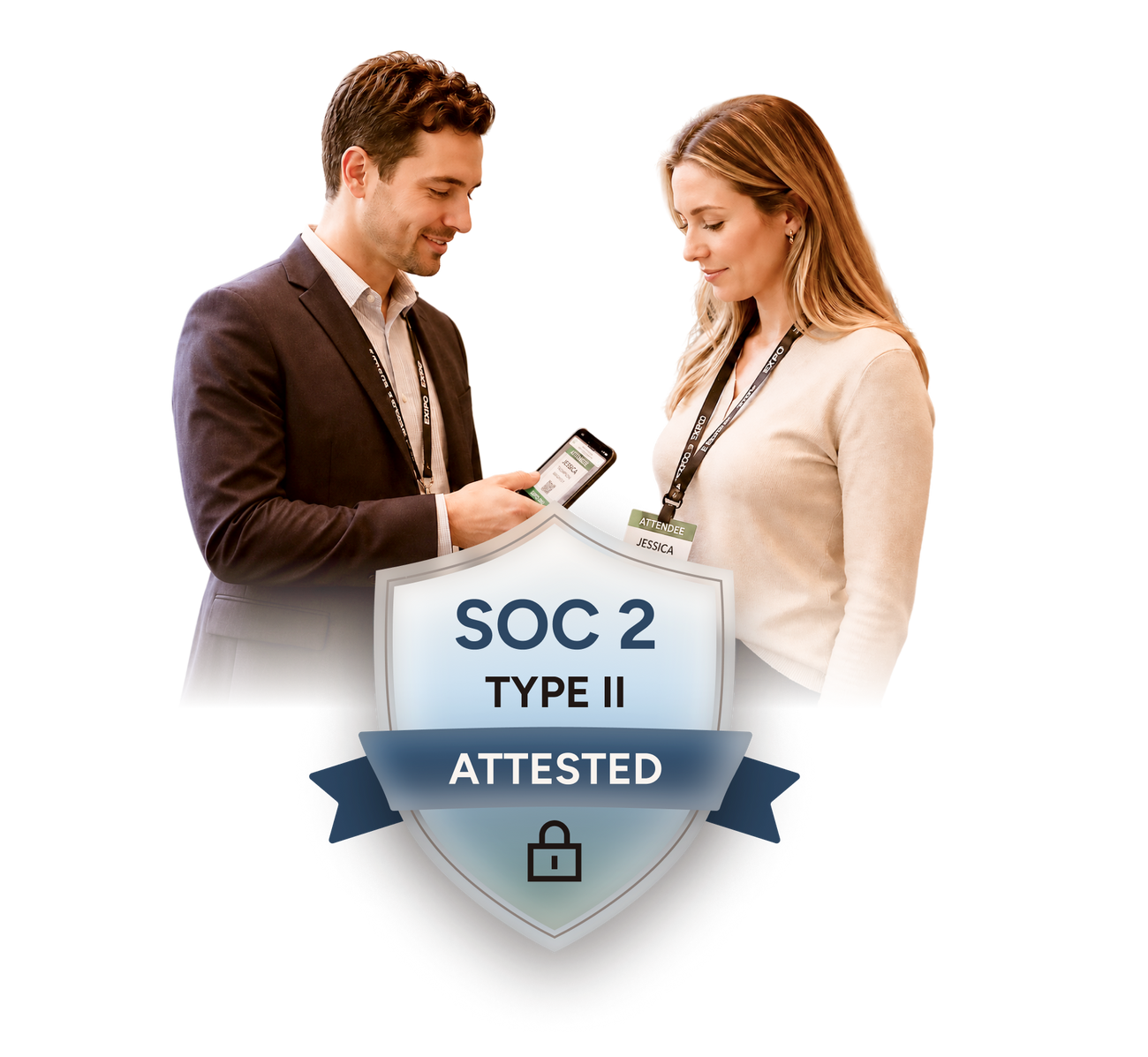 Professionals scanning an event badge with Popl with SOC 2 Type II Attested badge overlaid