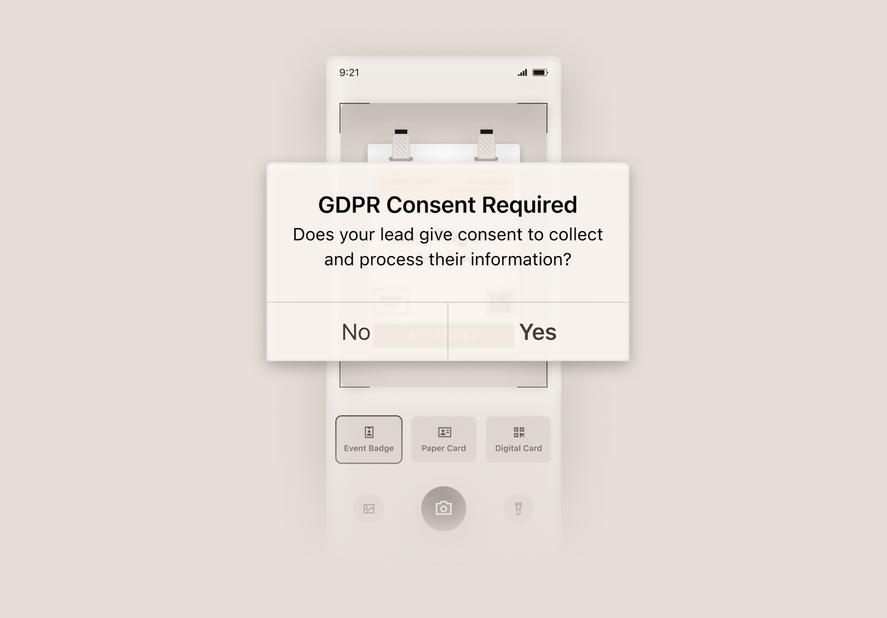 A smartphone mockup on a light beige background with a centered GDPR consent overlay dialog reading 'GDPR Consent Required' and options 'No' and 'Yes'.