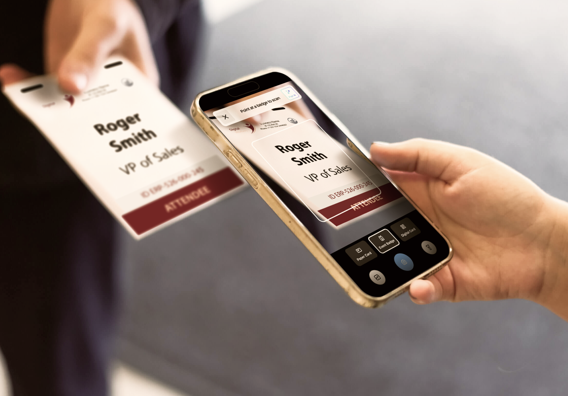 Person holding a smartphone displaying a digital name badge with 'Roger Smith, VP of Sales' on a blurred background scanned from an actual badge