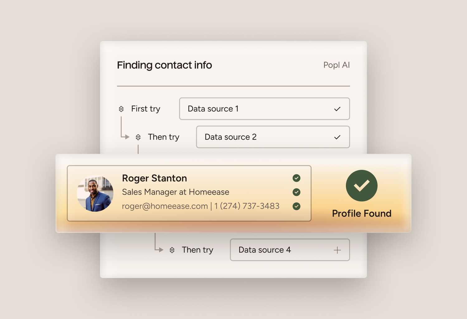 User interface showing contact lead enrichment process with Popl AI technology.