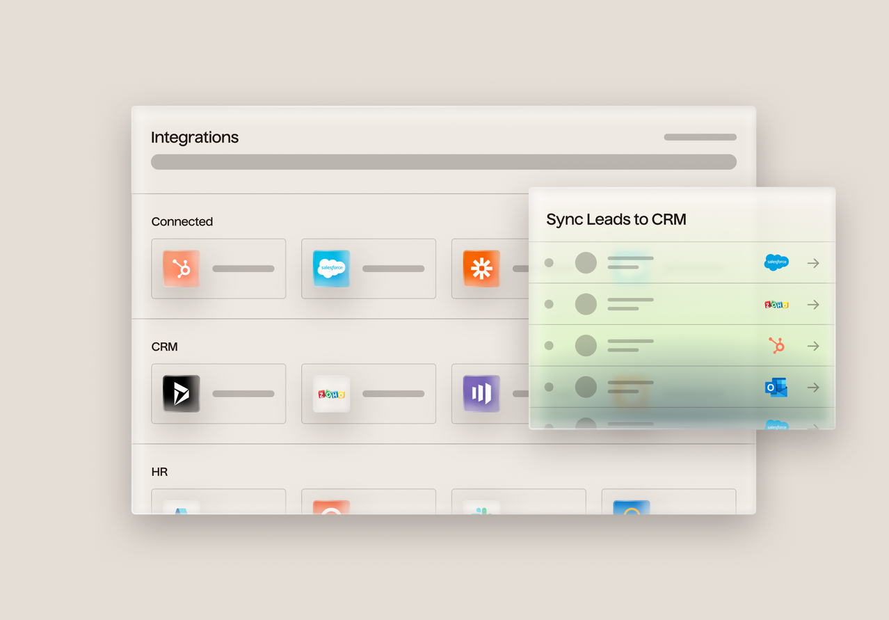 A digital interface mockup showing an 'Integrations' panel with app icons and a floating tooltip reading 'Sync Leads to CRM' on a soft beige background.