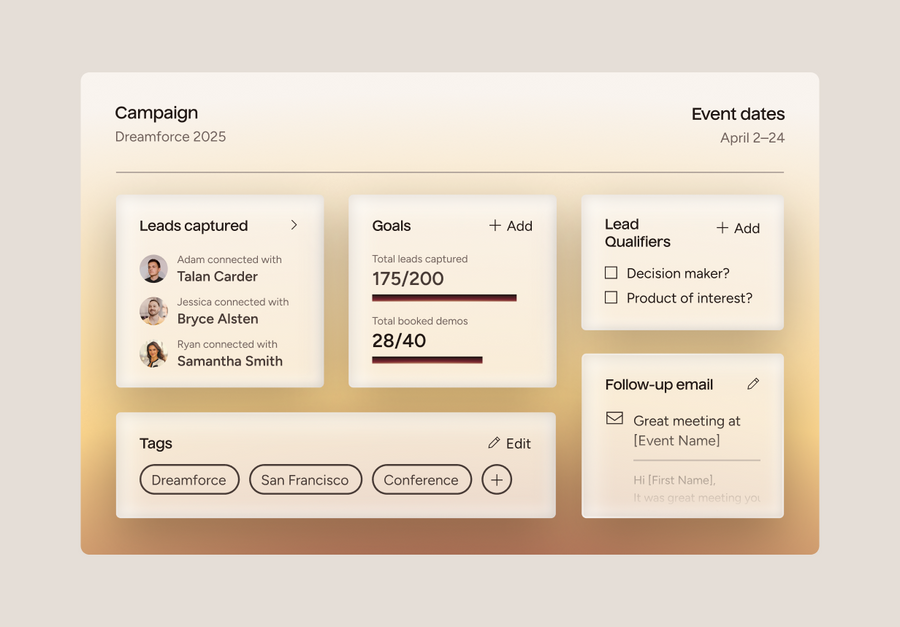 Dashboard interface with campaign details, leads captured, goals, and event dates.