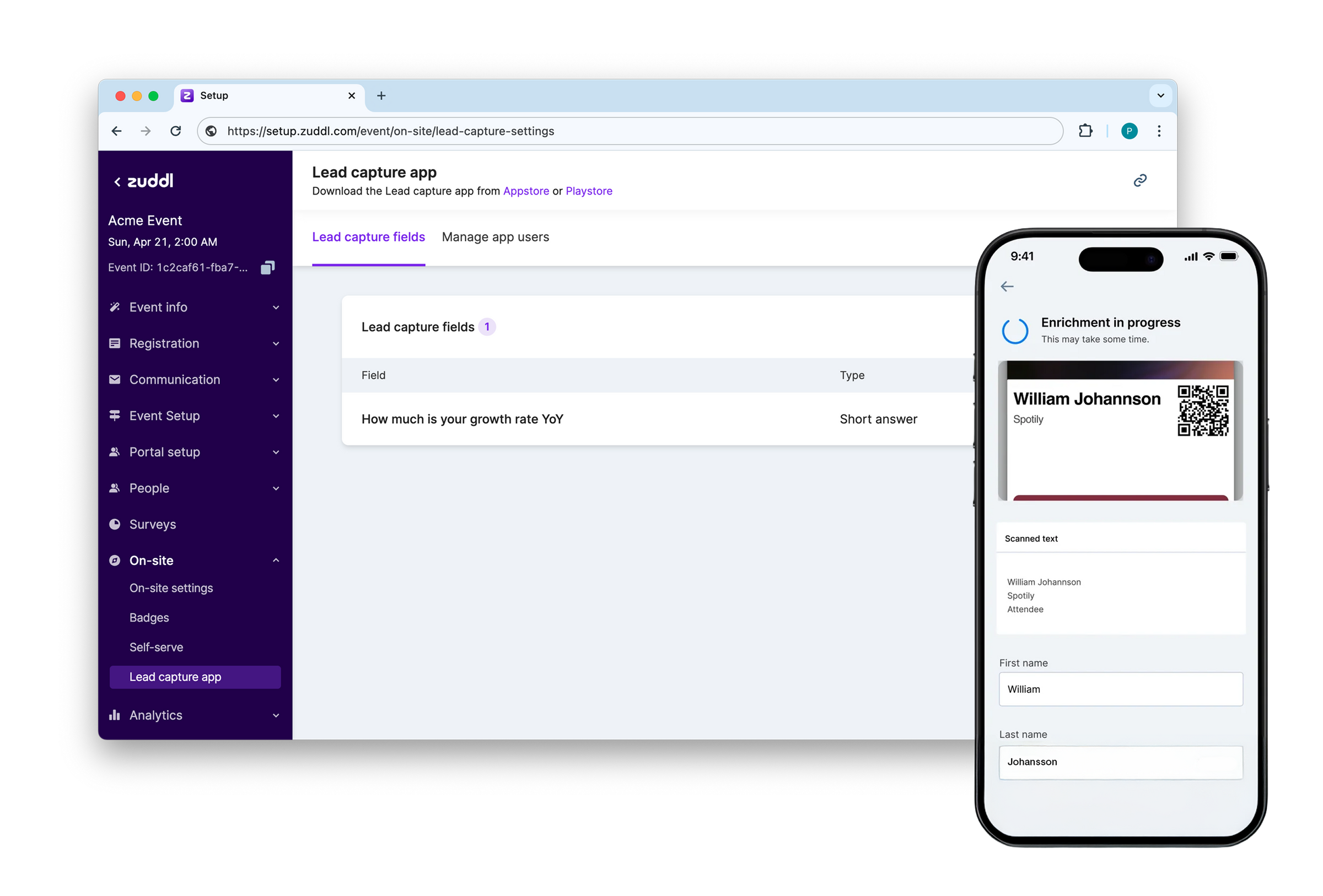  Zuddl all-in-one event platform with badge scanning, lead capture, and analytics features