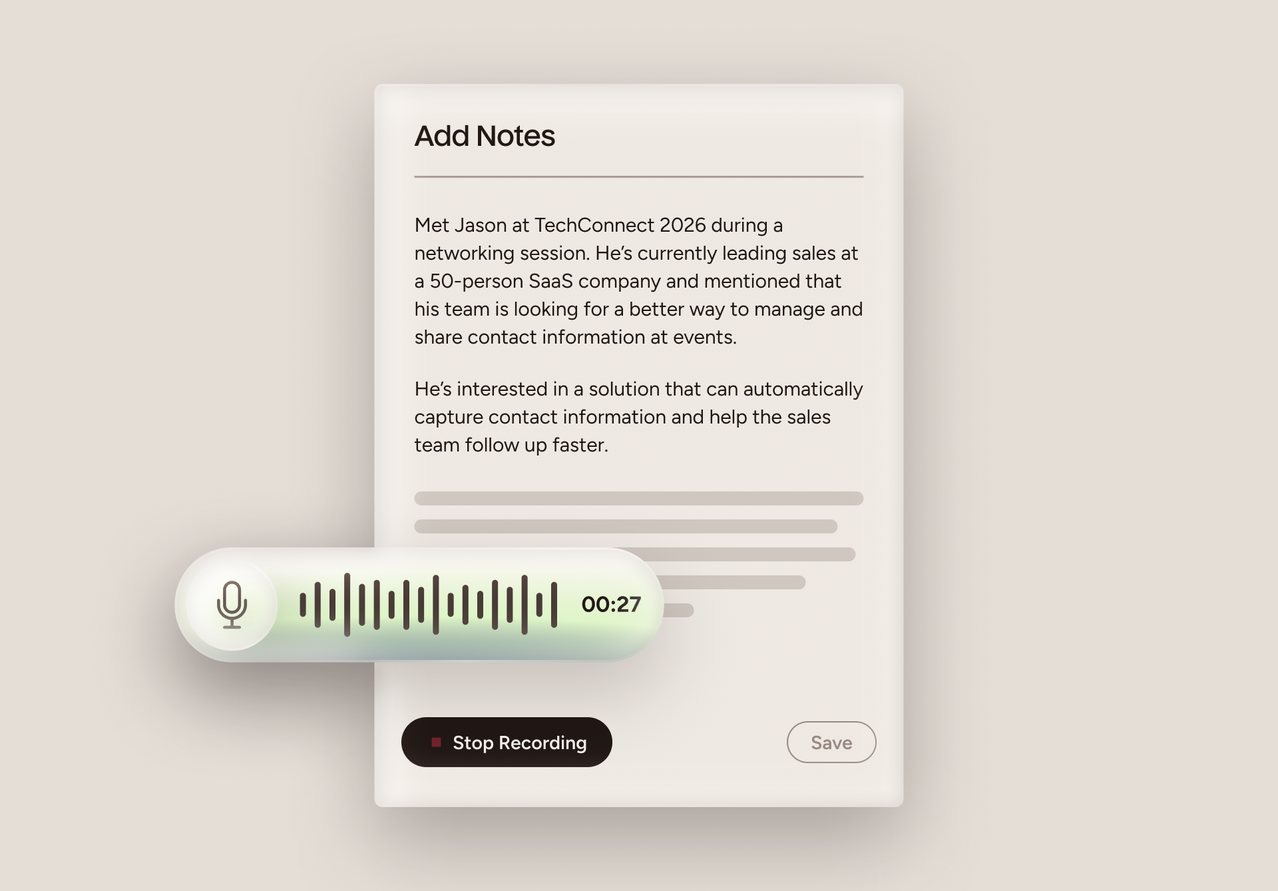 A digital note-taking app interface mockup on a light beige background. The main card is white with black text reading 'Add Notes' and a sample paragraph, with a rounded white recording widget overlaid across the lower-left area showing a microphone icon, waveform, and a '00:27' timer.