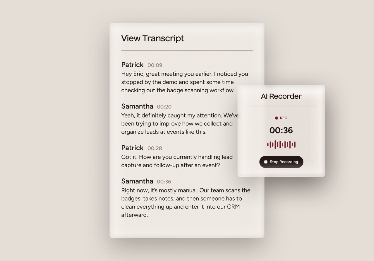 A digital mockup showing a transcript viewer interface with a large text transcript panel and a smaller floating panel labeled AI Recorder with a recording timer and waveform graphic, set on a light warm gray background.
