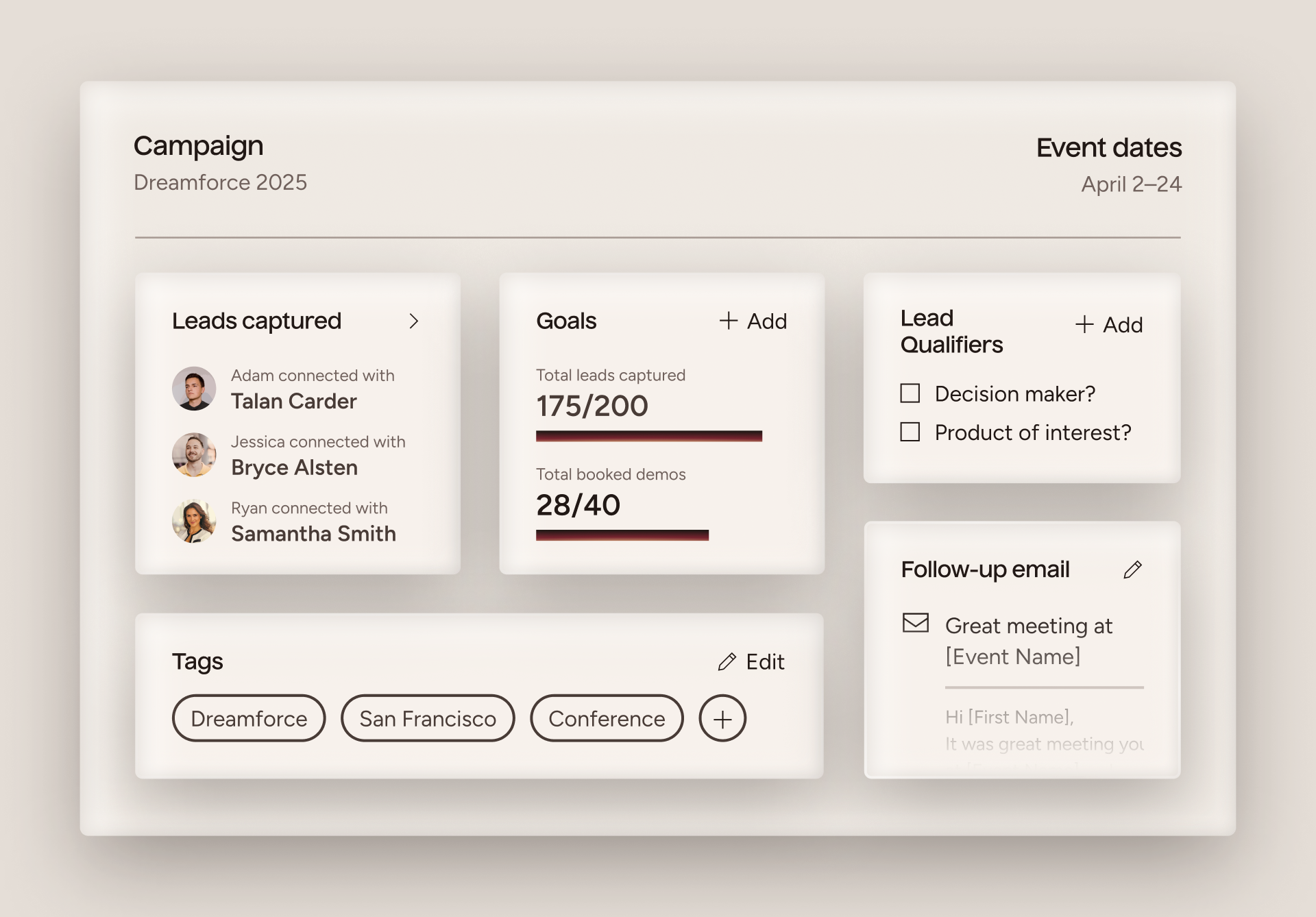 Dashboard interface for a marketing campaign with leads, goals, and event details.