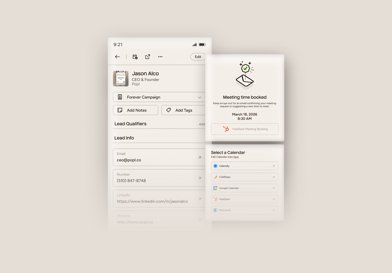 Three smartphone screens displaying In-app calendar booking with Popl