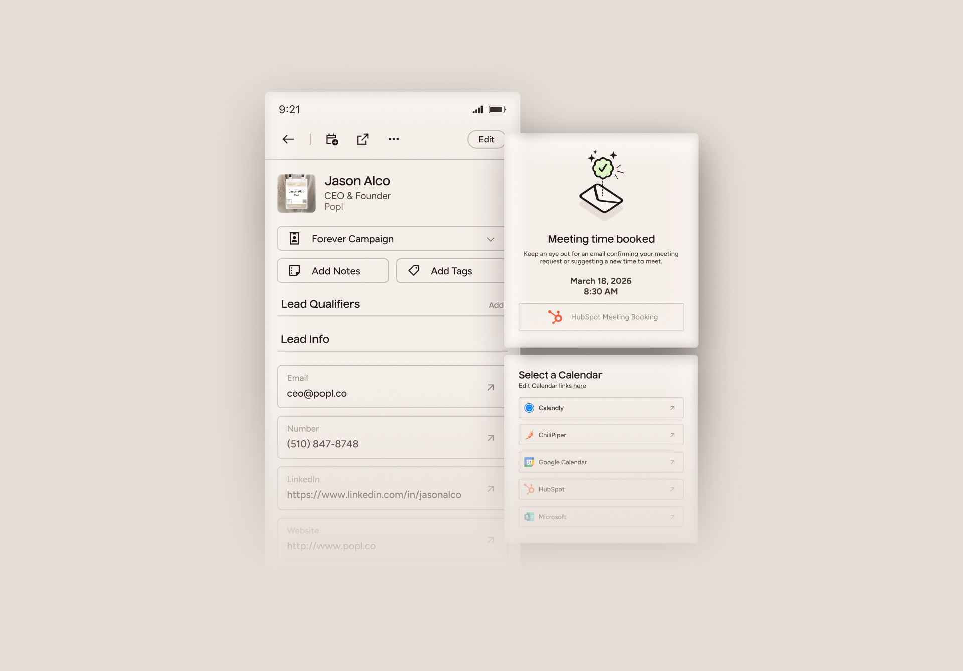 Three smartphone screens displaying In-app calendar booking with Popl