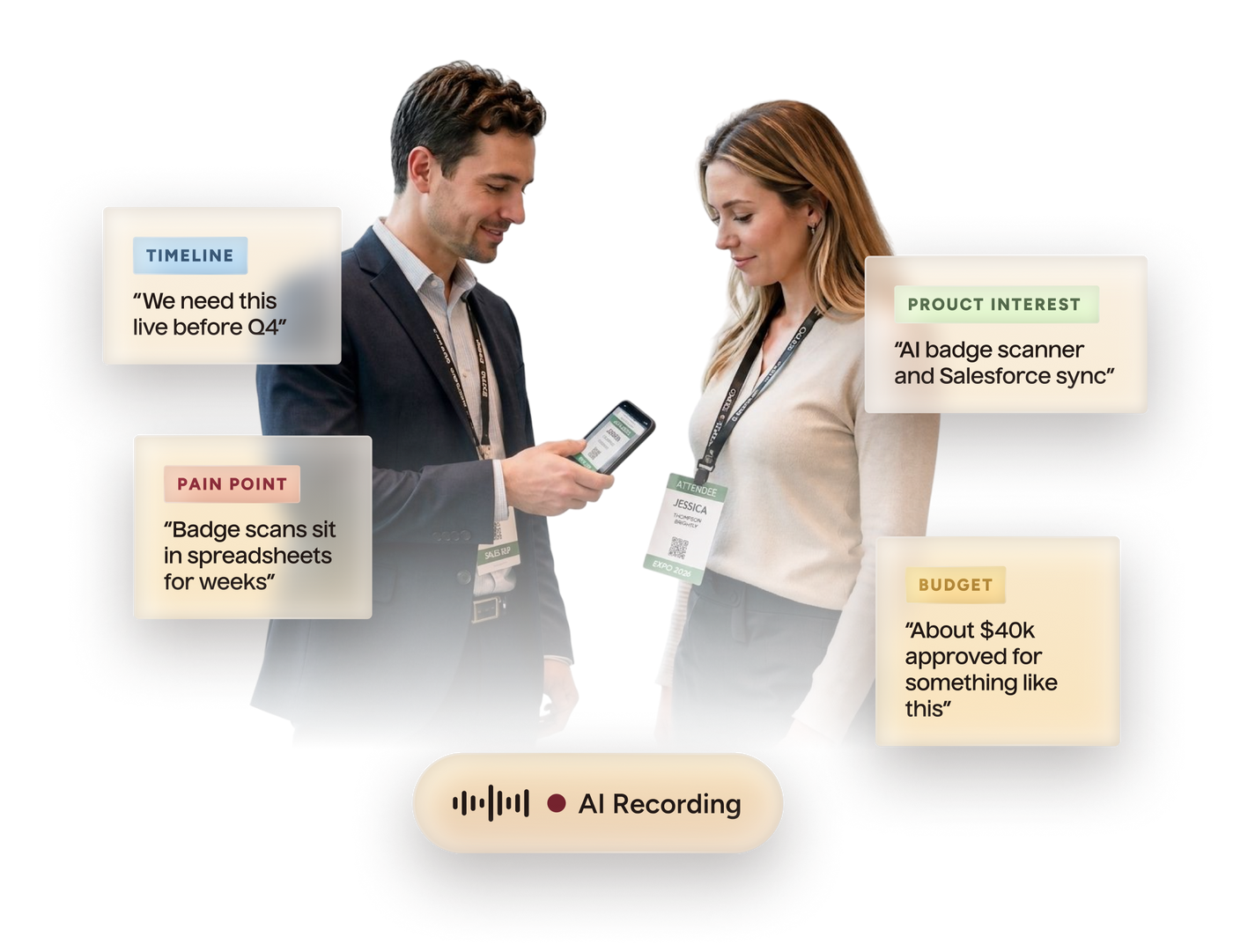 A man and a woman in business attire look at a smartphone screen in a bright office setting. Several labeled callout boxes surround them, including Timeline, Product Interest, Pain Point, and Budget, with a central badge scanner AI recording graphic at the bottom.