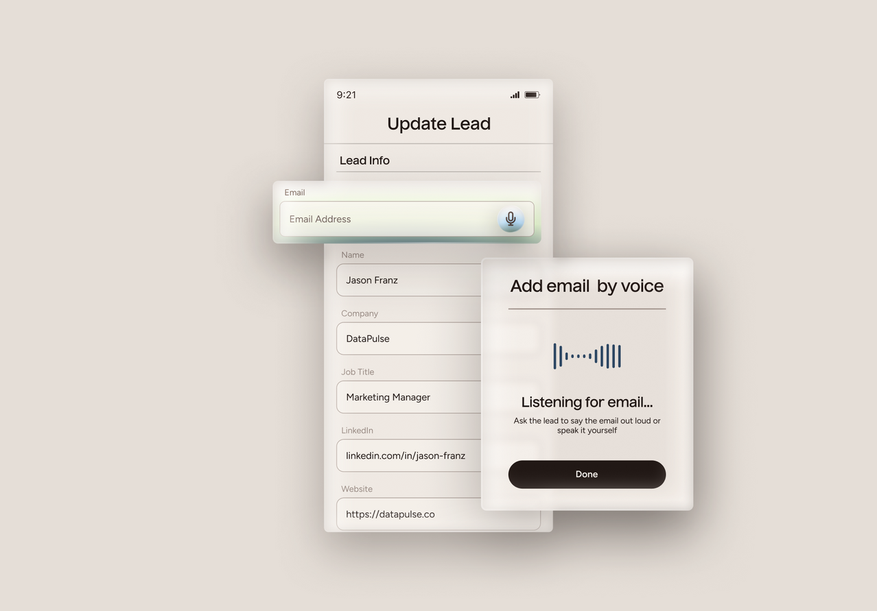 A digital mockup showing two smartphone app interface screens on a light beige background. The left screen is titled 'Update Lead' with fields for email, name, company, job title, and other contact details, plus an email address suggestion.