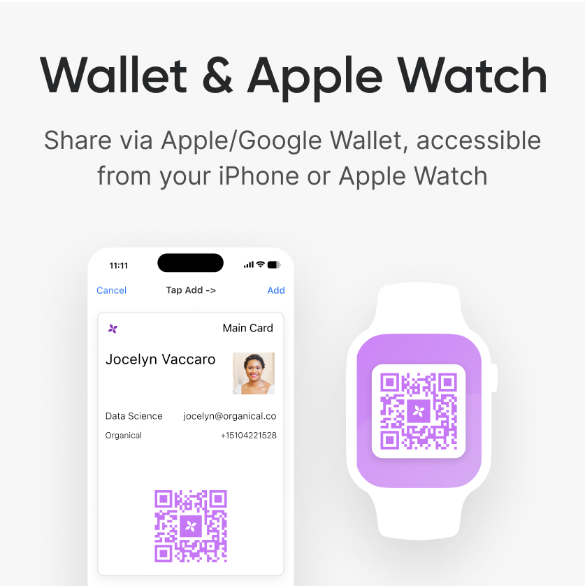 Share via Apple/Google Wallet, accessible from your iPhone or Apple Watch
